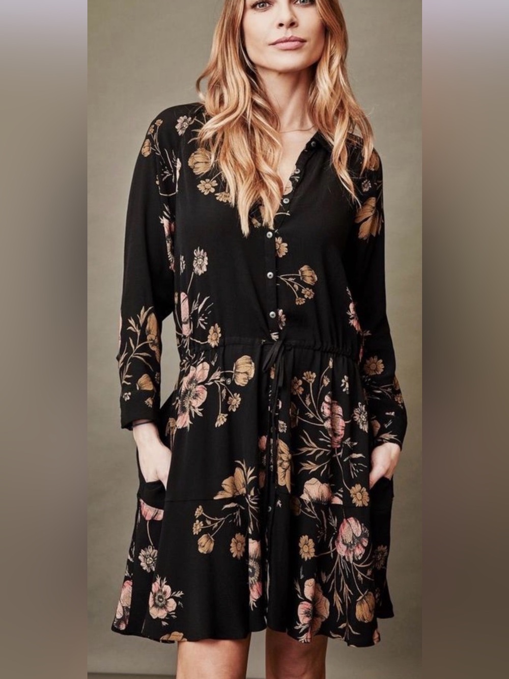 Free People Front Button Tie Waist Black Floral Dress Size Medium